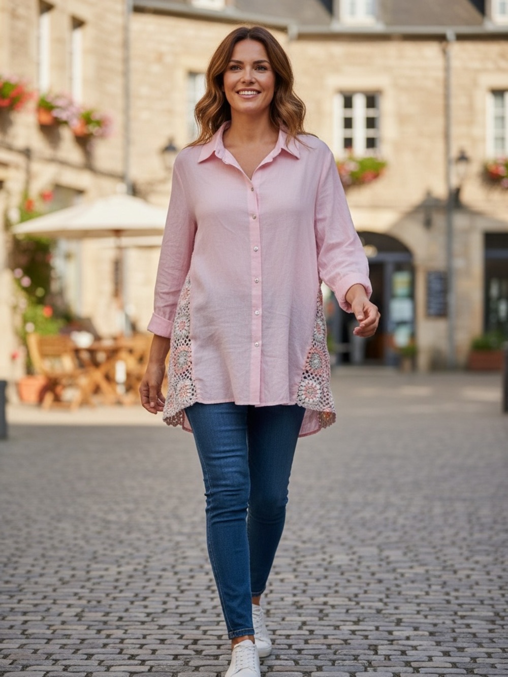 Sea Supply Soft Pink Crochet Panel Button-Up Tunic Top NWT Size Medium